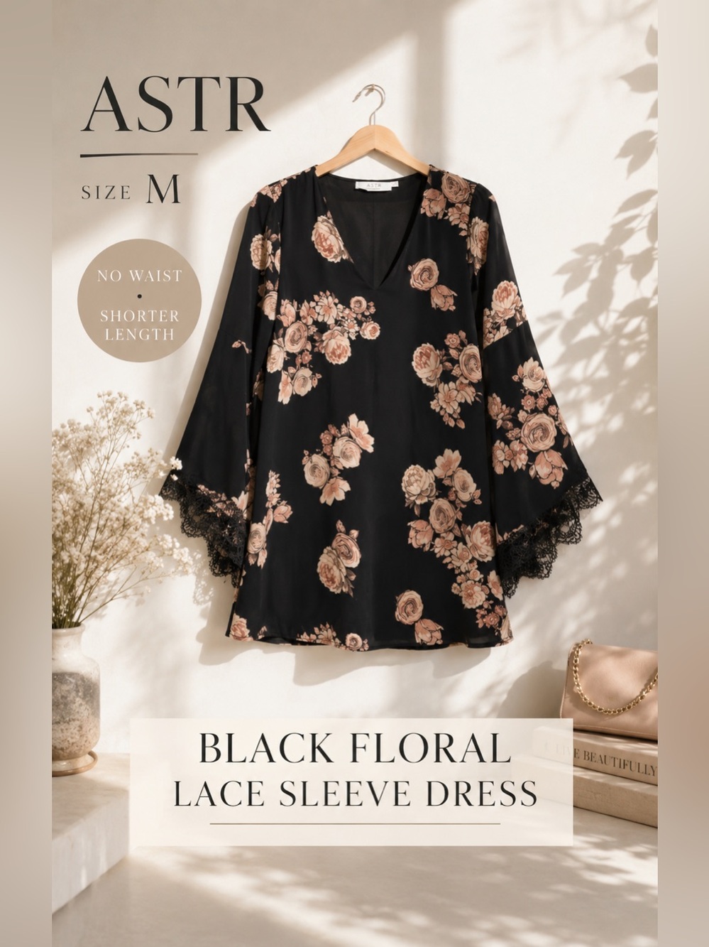 ASTR The Label Black Floral Lace Sleeve Dress Size M